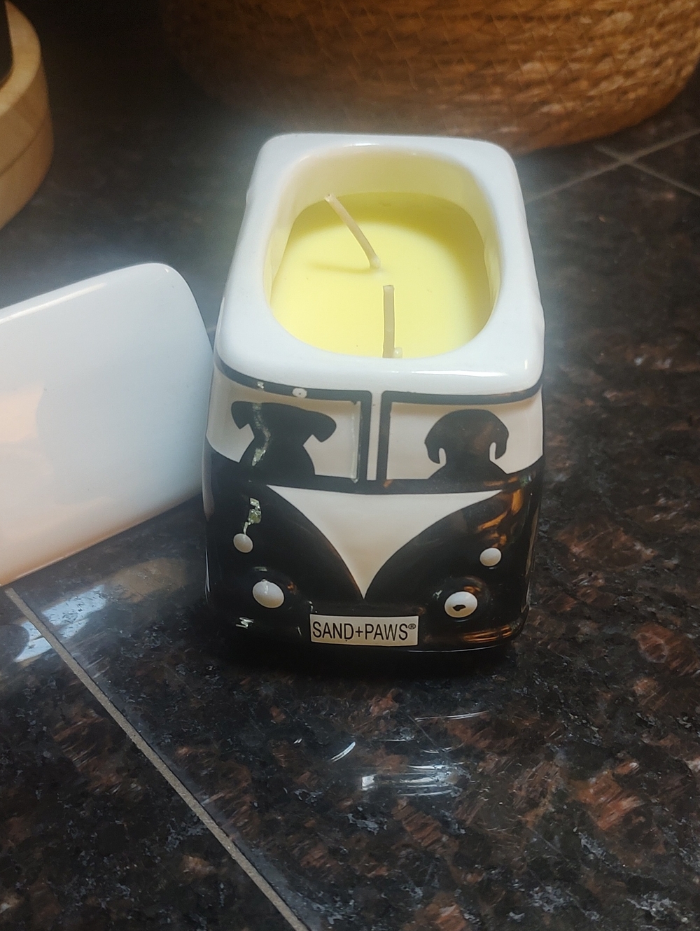Yellow Soy Candle in Black & White Ceramic Van Holder